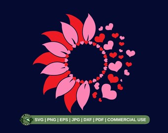 Sonnenblume Herz SVG PNG, halbe Sonnenblumenherzen svg, Valentine Shirt svg, Valentine Blumen svg, Herzen Blumen svg, halbe Sonnenblumensilhouette.