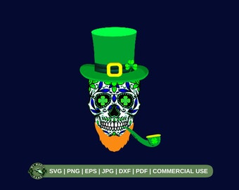 St. Patricks Day Kleeblatt Schädel SVG PNG, Zuckerschädel SVG, Patrick Day Shirt svg, Irisches Shamrock Shirt svg, Schädel Leprechaun Png.