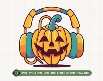 Kürbis Kopfhörer SVG PNG, niedlicher Kürbis DJ SVG, Halloween Musik svg, Halloween Party svg, Kinder Halloween svg, Halloween Dj svg