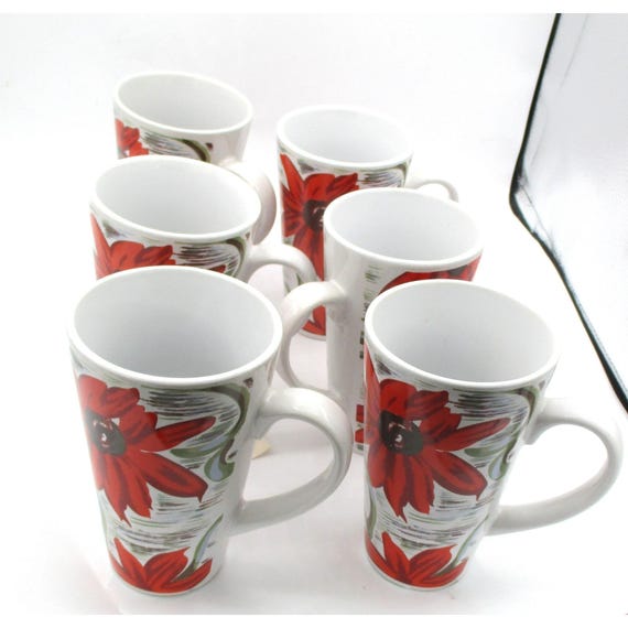 Set of 4 Red Floral 16oz Coffee Mugs Green Accents Ceramic Tea 16 Oz - Etsy  Israel