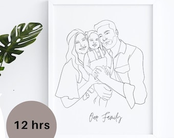 Personalized Family Drawing From Photo, Custom Line Drawing, Custom Portrait, One Line Art, Christmas Gift For Him, Line Art Drawing