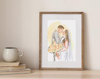 Custom Couple Watercolor Portrait with Pets, Anniversary Gift (Digital Download)