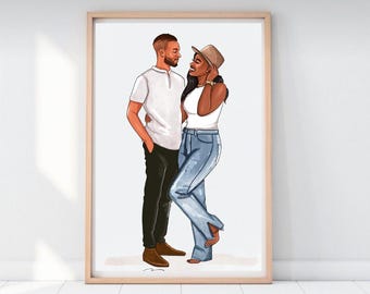 Custom Watercolor Couple Portrait with Pets (Digital Download)