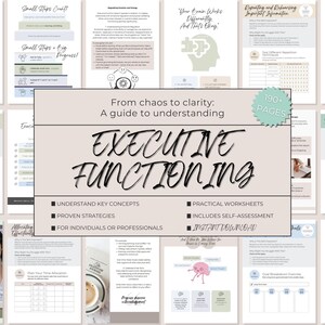 May include: A digital guide titled "Executive Functioning" with the subtitle "From chaos to clarity: A guide to understanding." The guide includes practical worksheets, self-assessment, and proven strategies. The cover features the text "Executive Functioning" in a stylish font.