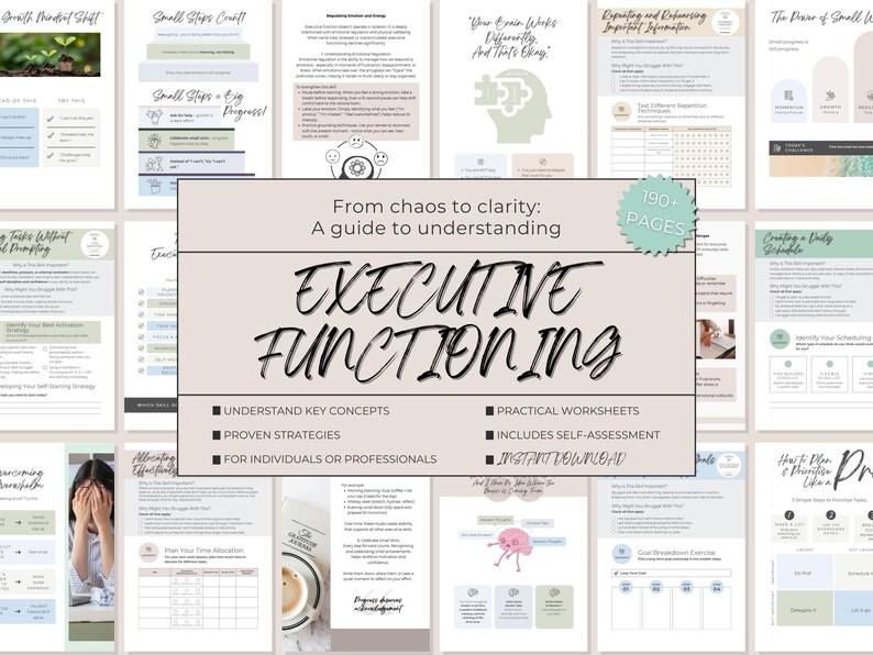 May include: A digital guide titled "Executive Functioning" with the subtitle "From chaos to clarity: A guide to understanding." The guide includes practical worksheets, self-assessment, and proven strategies. The cover features the text "Executive Functioning" in a stylish font.
