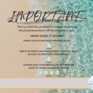 May include: A digital product information graphic with a beach-themed background. The text reads "IMPORTANT" and explains the digital download process, including purchasing through Etsy and accessing PDF files. The bottom includes a thank you message.