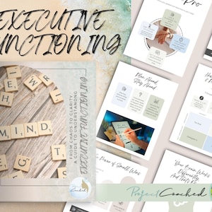 以下が含まれることがあります： 「Executive Functioning」というタイトルの印刷可能なガイドと本のコレクション。本の表紙には「MIND」と書かれたスクラブルタイルと「From Chaos to Clarity」というテキストが表示されています。追加のガイドでは、計画と優先順位付けに関するヒントが提供されています。