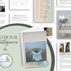 Puede incluir: Un libro titulado "Emotional Intelligence" con una imagen de portada de una persona con los brazos levantados. El libro está rodeado de páginas con texto e imágenes. El subtítulo del libro es "Comprende tus sentimientos, transforma tu vida."