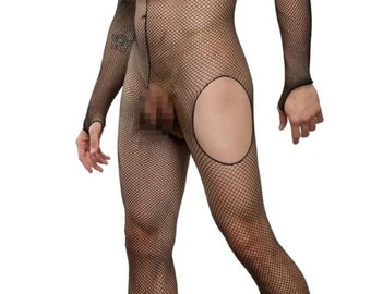 Sensual Long-Sleeve Open-Back Men's Fishnet Bodysuit – Unleash Your Inner Temptation