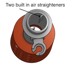 May include: An orange and gray mechanical component with the text "Two built in air straighteners." The component has a cylindrical body with a circular top and a curved hook-like feature.