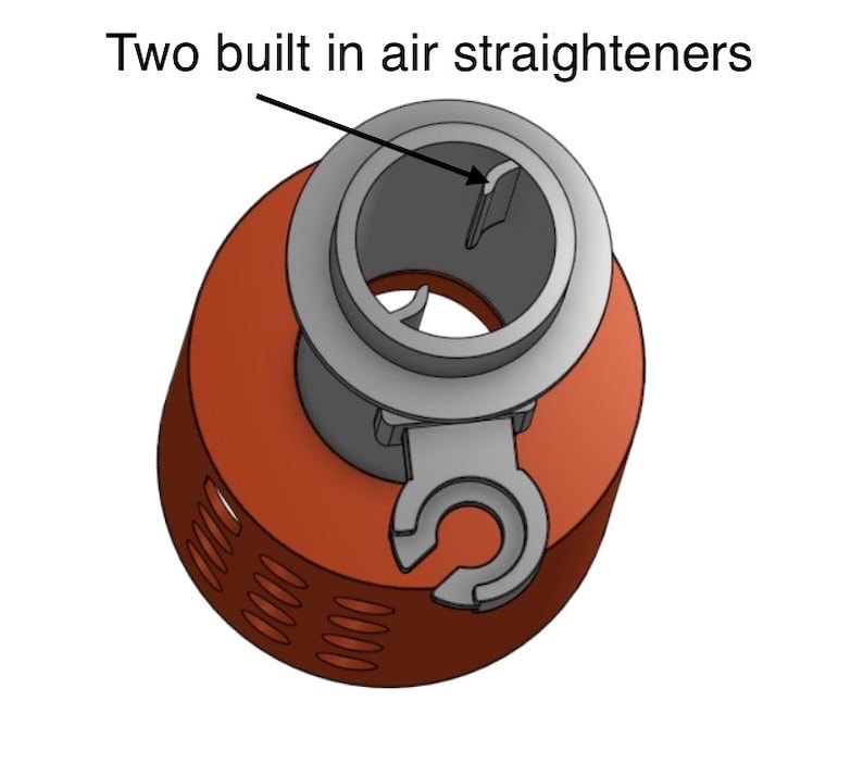 May include: An orange and gray mechanical component with the text "Two built in air straighteners." The component has a cylindrical body with a circular top and a curved hook-like feature.