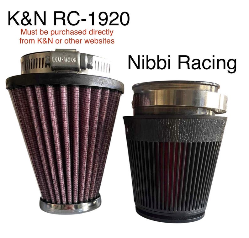 May include: Two air filters, one labeled K&N RC-1920 and the other Nibbi Racing. The K&N filter has a red filter element and a silver clamp. The Nibbi Racing filter is black with a red filter element. Text on the image states "Must be purchased directly from K&N or other websites."