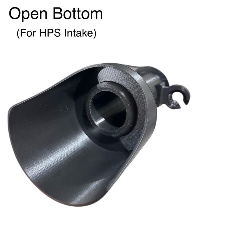 May include: A black, open-bottomed intake component, designed for HPS intake systems. The component features a flared, funnel-like opening and a cylindrical central section. The text "Open Bottom (For HPS Intake)" is displayed at the top of the image.