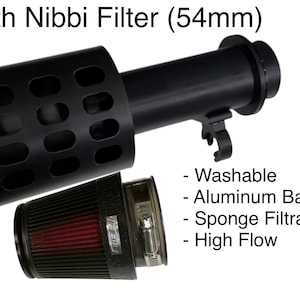 May include: Black Nibbi filter with a 54mm diameter. The filter has a black cylindrical body with a perforated section and a separate red and black filter element. Features include a washable design, aluminum base, sponge filtration, and high flow.