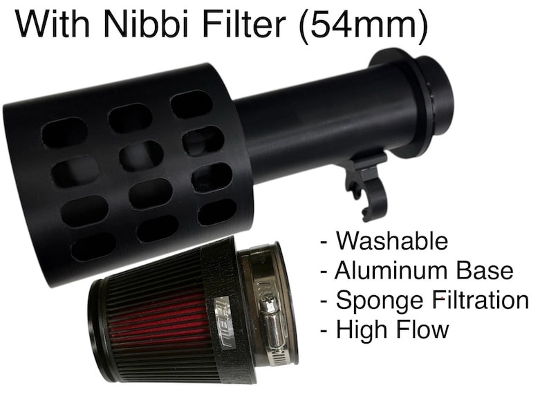 May include: Black Nibbi filter with a 54mm diameter. The filter has a black cylindrical body with a perforated section and a separate red and black filter element. Features include a washable design, aluminum base, sponge filtration, and high flow.