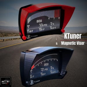 May include: Two KTuner Magnetic Visors are displayed, one red and one black, showcasing digital gauges with various readings. The red visor displays 808, while the black visor shows 800. Both visors have the KTuner logo and are set against a highway backdrop.