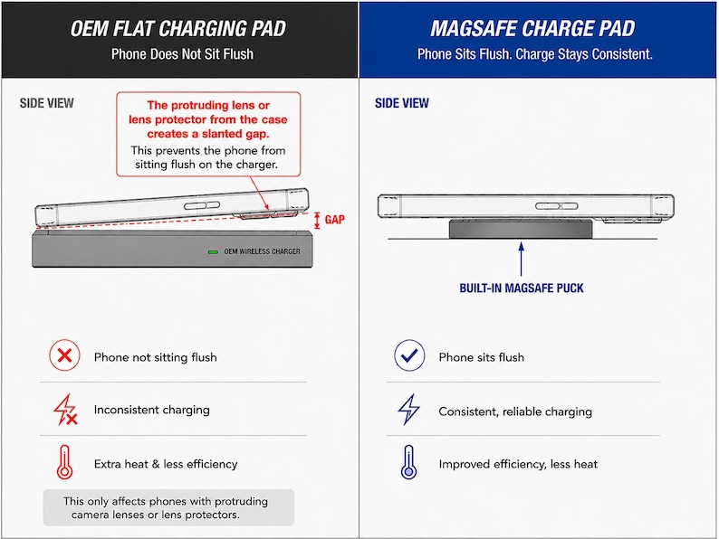 Puede incluir: Un gr&aacute;fico comparativo entre una base de carga plana OEM y una base de carga MagSafe. El lado izquierdo ilustra un tel&eacute;fono con una lente de c&aacute;mara que sobresale, creando un hueco. El lado derecho muestra un tel&eacute;fono apoyado sobre un MagSafe.