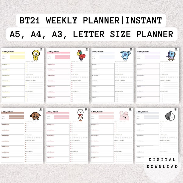 BT21 Weekly Planner ,BTS Weekly Planner, Planner Bundle, Planner Insert, Instant Download, A4/A5/A3/Letter Size, Printable Weekly Planner