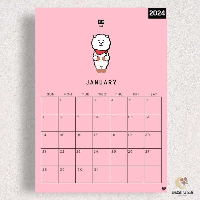BT21 Printable Calendar, BTS Calendar, Monthly Calendar, Monthly