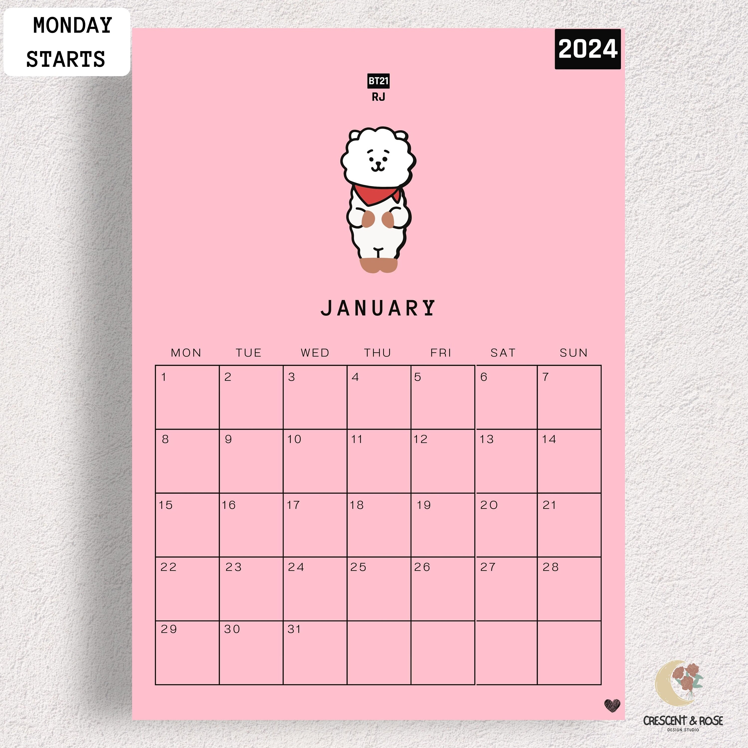2024 BT21 Printable Calendar, BTS Calendar, Monthly Calendar, Digital