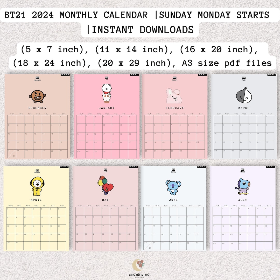 2024 BT21 Printable Calendar, BTS Calendar, Monthly Calendar, Digital