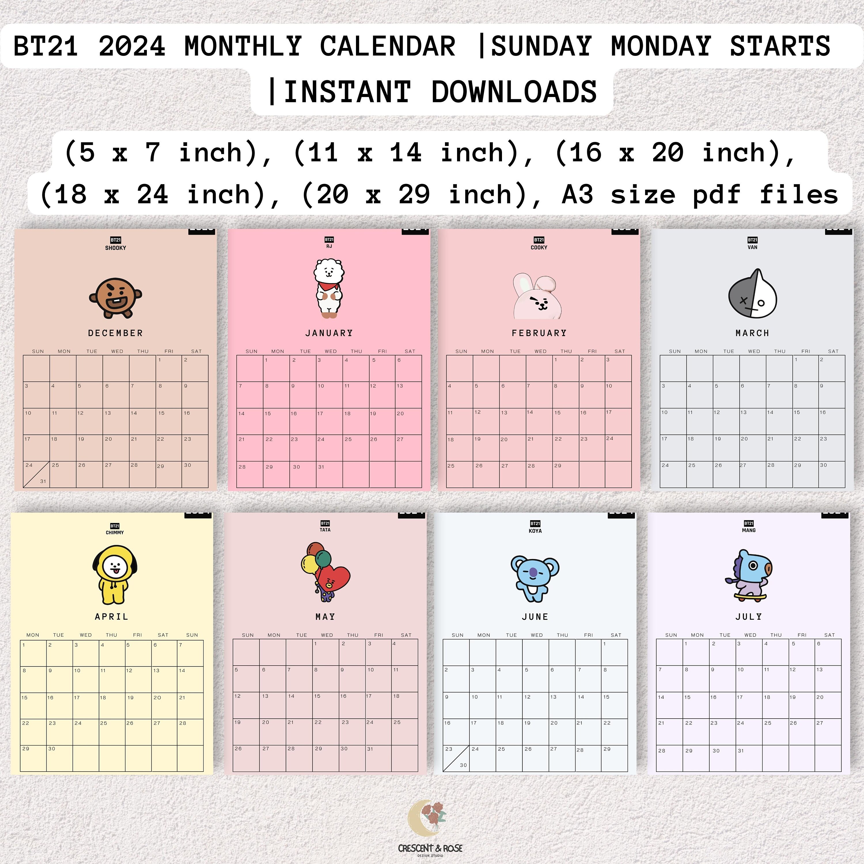 2025 BT21 Printable Calendar, BTS Calendar, Monthly Calendar, Digital