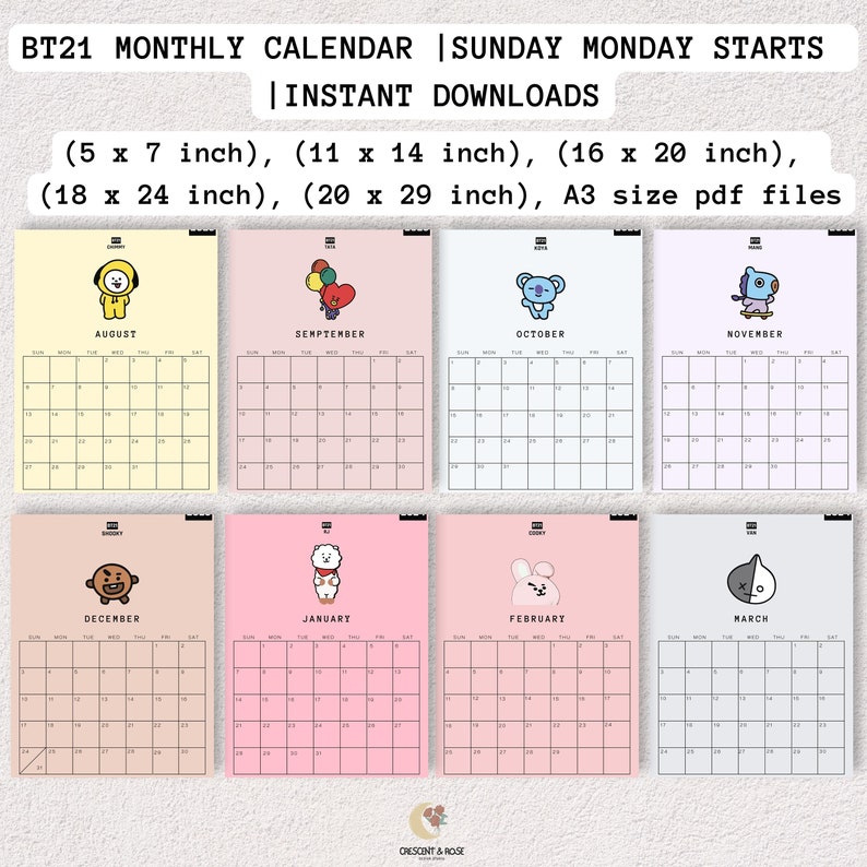 BT21 Printable Calendar, BTS Calendar, Monthly Calendar, Monthly