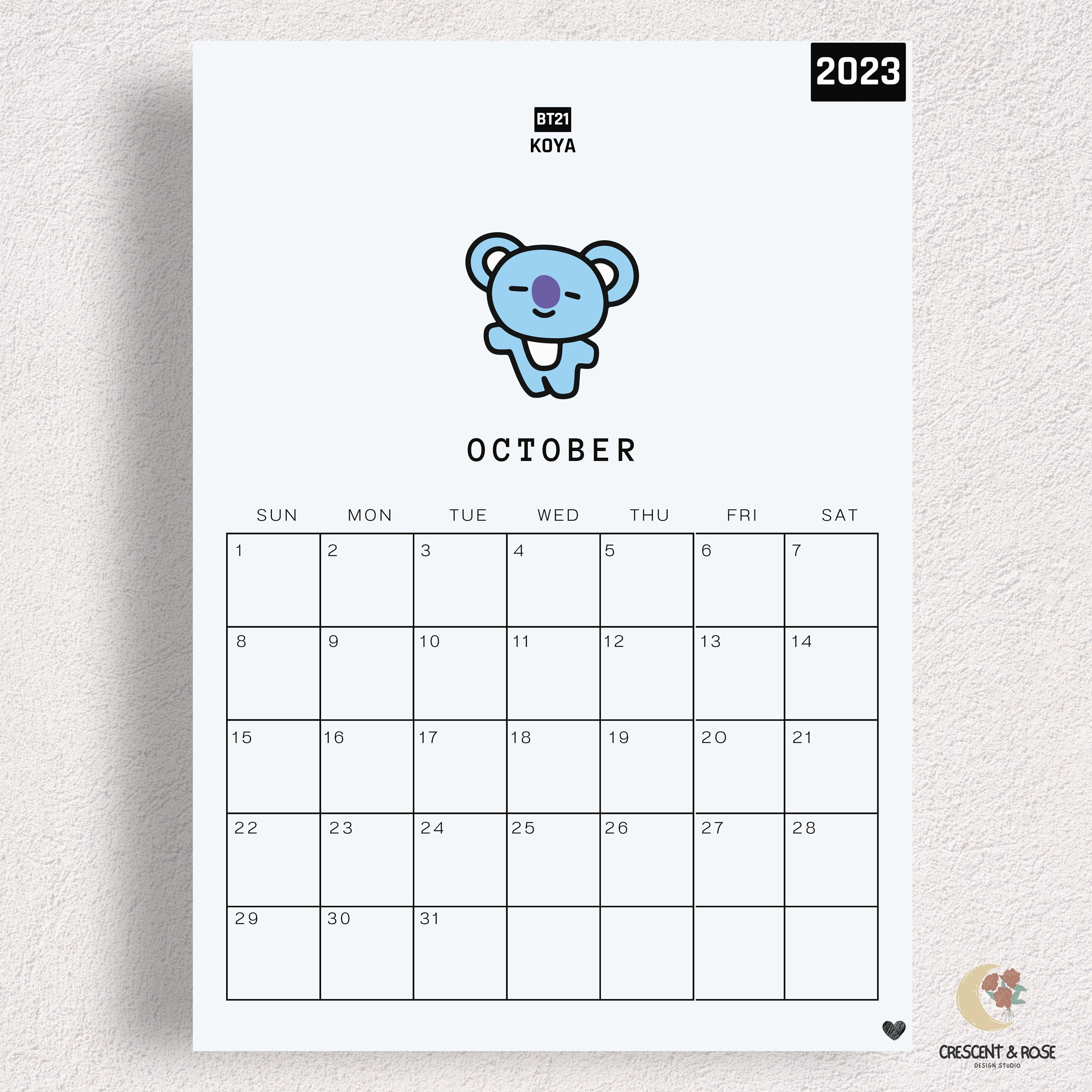 BT21 Printable Calendar, BTS Calendar, Monthly Calendar, Monthly