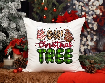 May include: White throw pillow with a green and black plaid Christmas tree design. The text "Oh! Christmas Tree" is written in red with a leopard print accent.