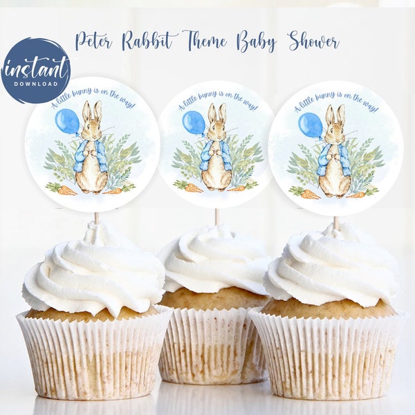 Peter Rabbit "A little bunny is on the way!" Cupcake Toppers | Peter Rabbit Theme Baby Shower | Dessert Table Idea | PR10