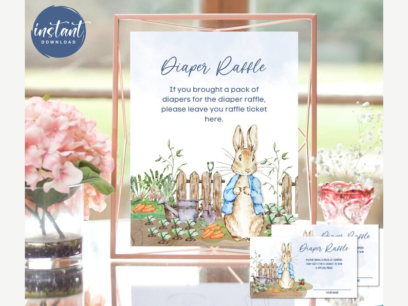 Peter Rabbit Diaper Raffle Sign With Tickets | Peter Rabbit Theme Baby ...