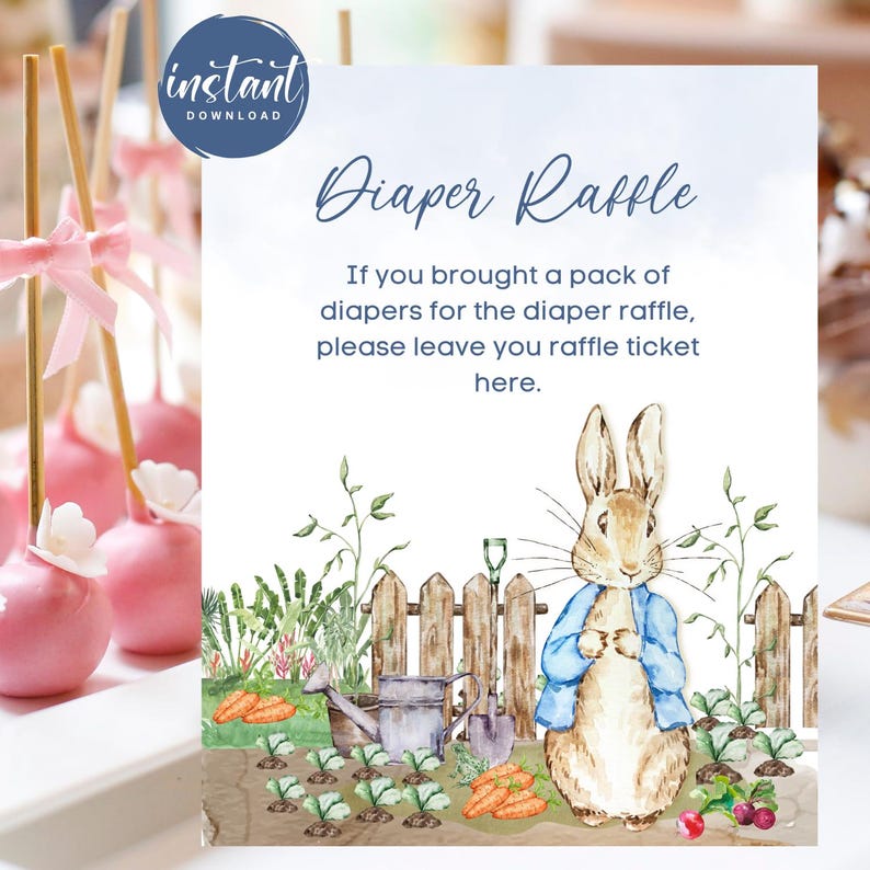 Peter Rabbit Diaper Raffle Sign With Tickets | Peter Rabbit Theme Baby ...