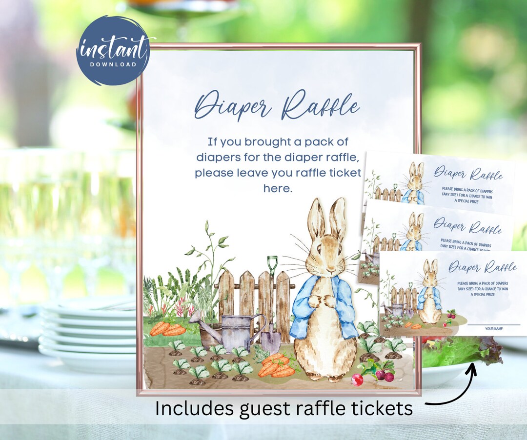 Peter Rabbit Diaper Raffle Sign With Tickets | Peter Rabbit Theme Baby ...