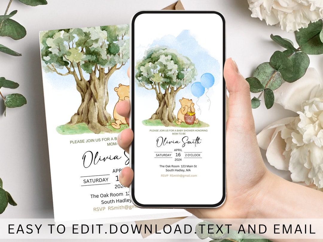 Winnie the Pooh Blue Balloons Evite Invitation Winnie the Etsy