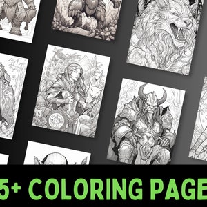 May include: A collection of 45+ black and white coloring pages featuring fantasy creatures, including a werewolf, a lion, a demon, and an elf. These printable coloring pages are perfect for adults and children who enjoy fantasy art.