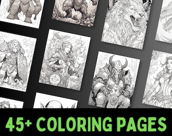 May include: A collection of 45+ black and white colouring pages featuring fantasy creatures, including a werewolf, a lion, a demon, and an elf. These printable colouring pages are perfect for adults and children who enjoy fantasy art.