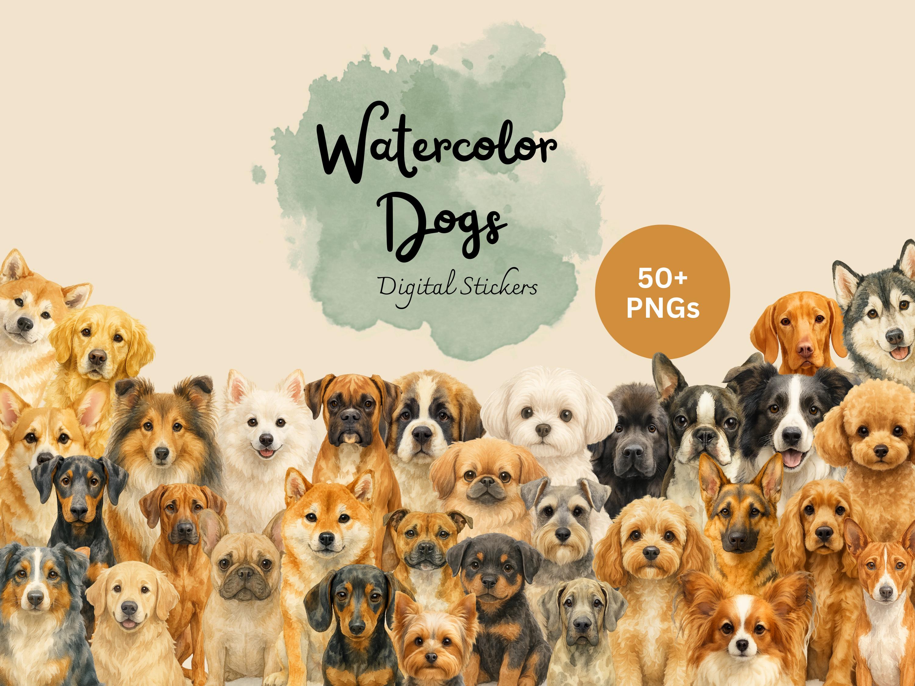 水彩画風の犬種クリップアート｜子犬のイラスト50点以上（デジタル
