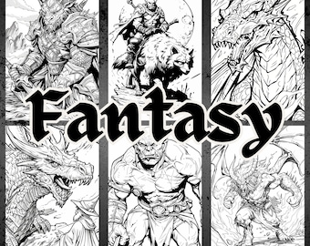 Pode incluir: Ilustração em preto e branco de criaturas de fantasia, incluindo um dragão, um orco, um lobisomem e um demônio. A palavra "Fantasy" está escrita em letras em negrito e estilizadas no centro da imagem.