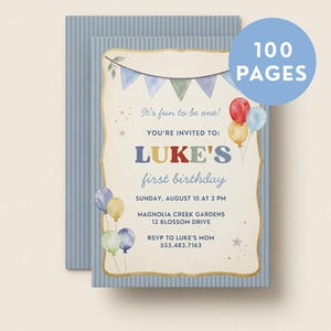 Personalized It's Fun to Be One First Birthday Boy Invitation Bundle 1st Birthday, Editable Canva Template Toddler Birthday Invitation Print