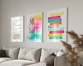 Colorful Inspiration Wall Art Set of 3, Watercolor Prints, Woman Outline Print, Motivational Quotes Poster Set, Printable
