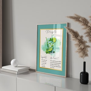 Mojito Cocktail Single Print, Cocktail Recipe Poster, Digital Print