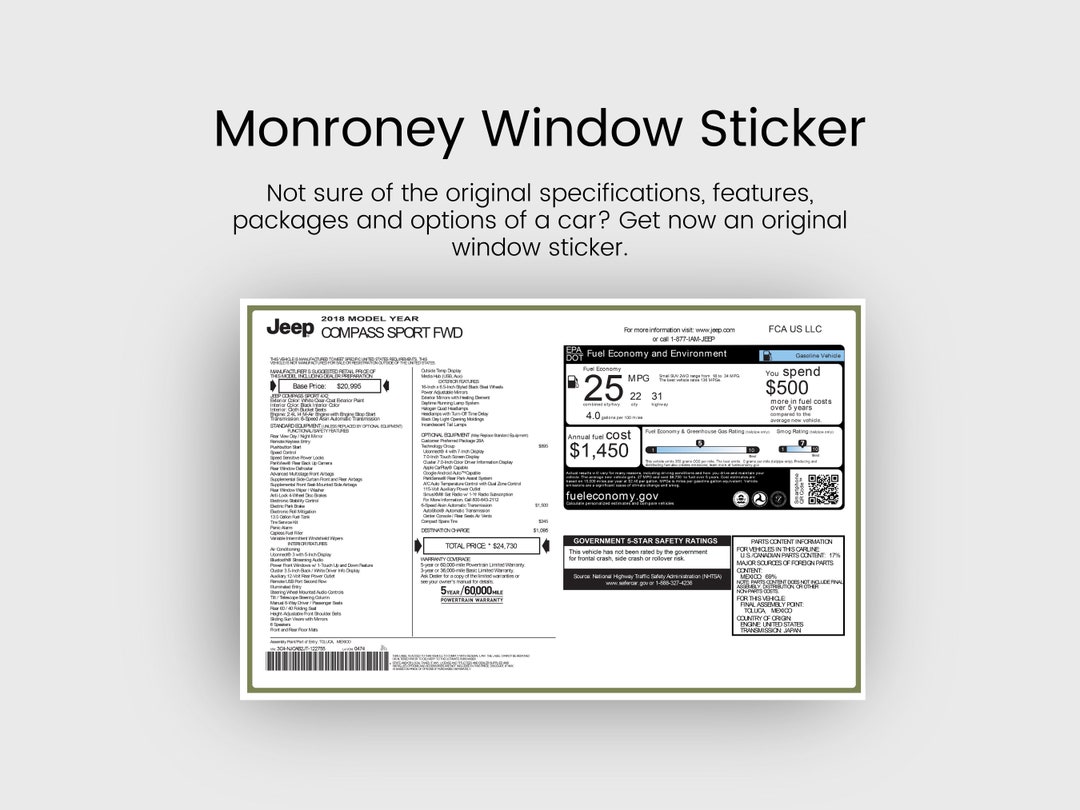 Monroney Window Sticker Detailed Equipment and Cost of Options Etsy
