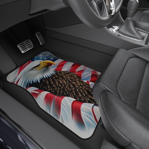 USA Eagle Flag Car Floor Mats, Patriotic Auto Liners, American Flag Vehicle Accessories, Universal Fit, Eagle Emblem, Sets of 4