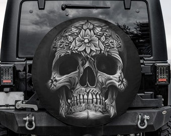 Spare Tire Cover for SUV Jeep, Wrangler, Camper, Universal Fit Wheel Protector ~  Skull abstract ~ Custom Vehicle Accessory ~ Camera hole