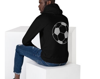 May include: Black hoodie featuring a large soccer ball graphic on the back. The soccer ball design is outlined in white and filled with grey. The hoodie has a hood and long sleeves.