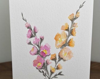 Tarjeta de felicitación con flores pintadas a mano en acuarela para cualquier ocasión.