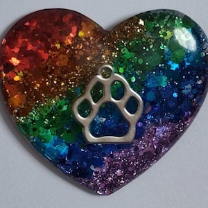 May include: A heart-shaped pet tag with a rainbow glitter design. The tag has a silver paw print charm in the center. The colors transition from red to purple, with green and blue in between. This tag is a pet accessory.