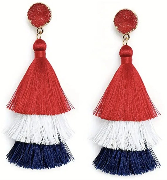 Red white and shop blue tassel earrings