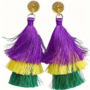 purple. Green and Gold Tassel earrings