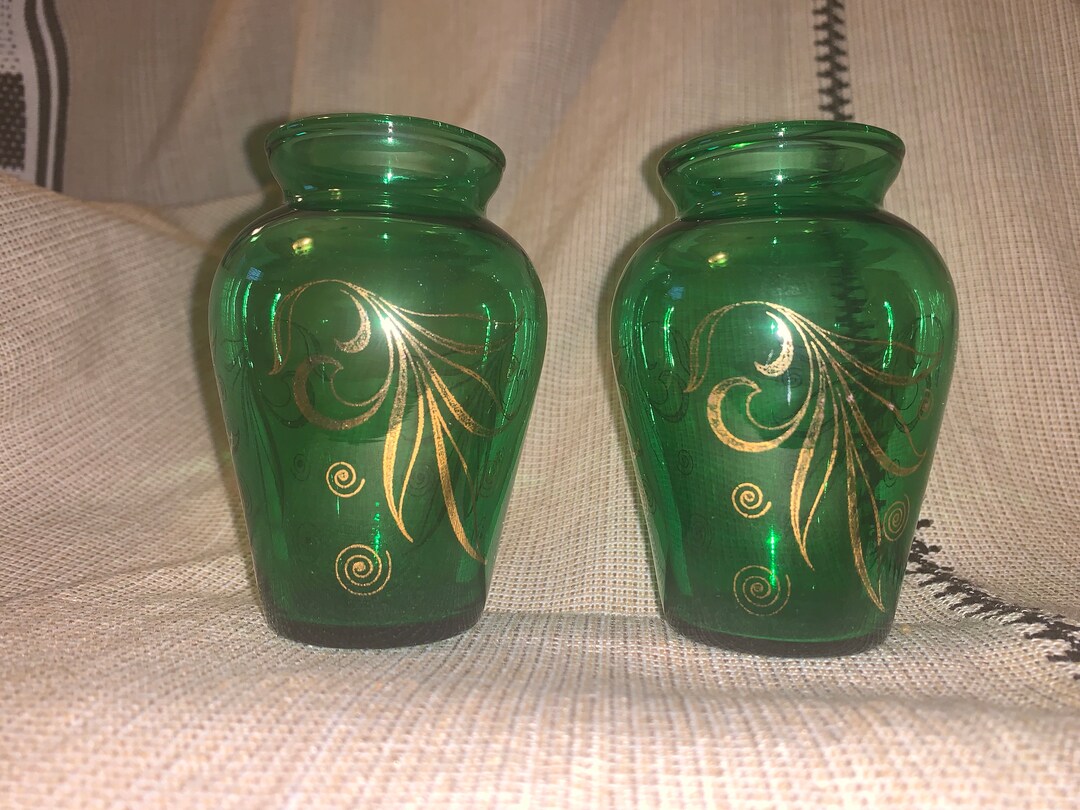 Vintage Emerald Green Mini Glass Vase With Gold Leaves/pair Etsy